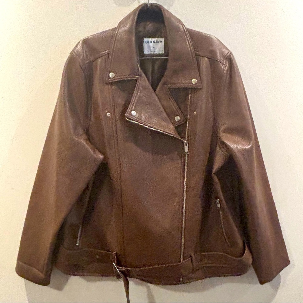 Old Navy Sz 2X Brown Moto Style Zipper Vegan Leather Jacket with Buckle at Hem